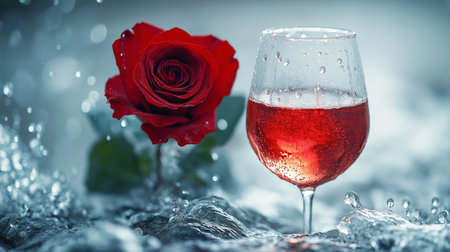 Red rose and glass of wine on the background of water with iceの素材