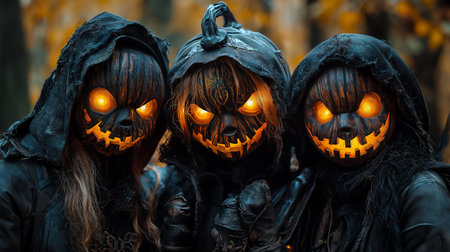 Halloween holiday concept. Group of three scary pumpkins with carved faces in the forestの素材
