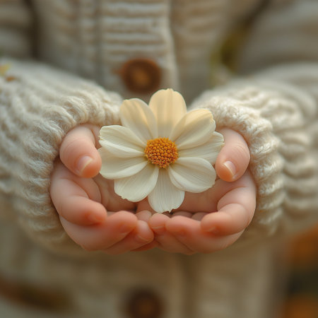 Female hands holding white chamomile flower on blurred background.の素材