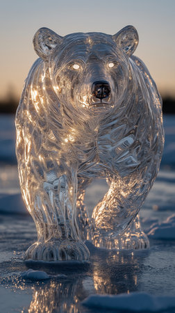 Close up of a polar bear frozen in ice at sunset in winterの素材