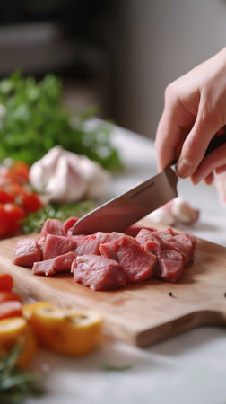 woman hands cutting raw meat on wooden cutting board with knife in modern kitchenの素材