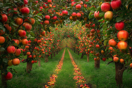 Apple orchard in autumn. Rows of red and yellow apples in orchard.の素材