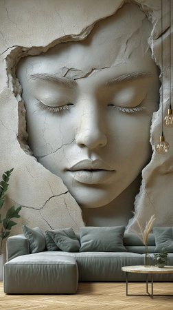 3d rendering of a woman's face in a living room.の素材