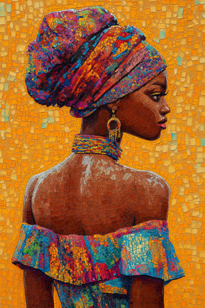 Portrait of beautiful African woman in a turban on the headの素材