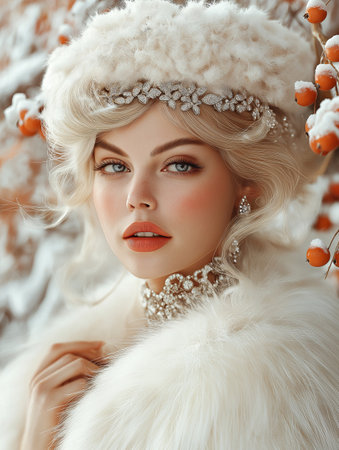 Winter beauty. Portrait of a beautiful young woman in a fur coat and hatの素材