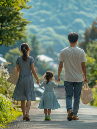 Back view of happy family with little daughter walking on the road.の素材