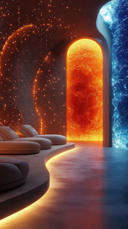 Futuristic interior with a door and a portal. 3d renderingの素材