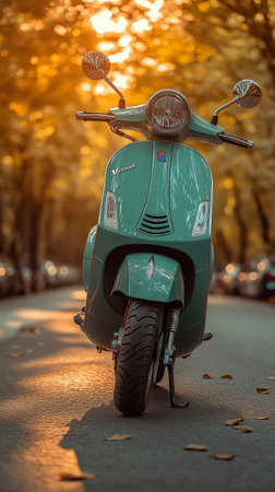 Vintage scooter parked on the road in the park in autumnの素材