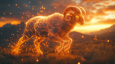 Ram with fire effect. 3D illustration. Fantasy fractal image.の素材