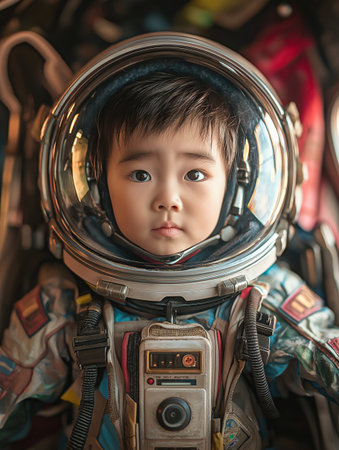 Portrait of cute little asian boy wearing astronaut helmet with copy spaceの素材