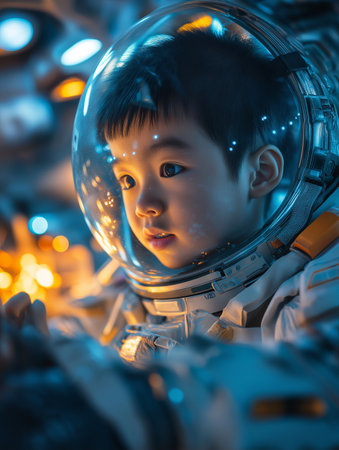 Cute asian little boy wearing astronaut suit and looking at cameraの素材
