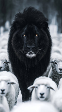 Black lion on the background of a flock of sheep in the snowの素材