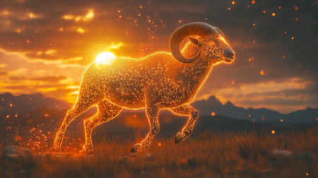 Mouflon in the mountains at sunset. 3D illustration.の素材
