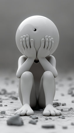 3d illustration of sad man sitting with hands on head, gray backgroundの素材