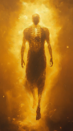 3d illustration of a human skeleton standing in the flames of fireの素材