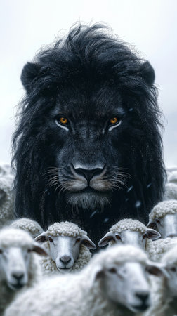 Lion and flock of sheep in the snow. Animal portrait.の素材