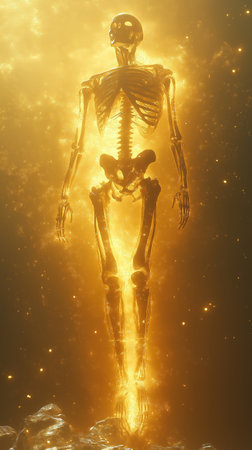 3D illustration of a human skeleton with golden light and sparklesの素材