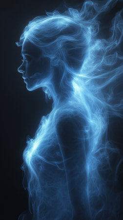 Digital illustration of a female face in blue smoke against a black backgroundの素材