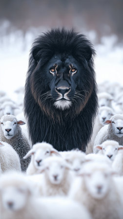 Lion with flock of sheep in winter forest. Animal portrait.の素材