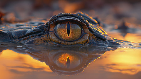 Crocodile eye reflected in water with orange sunset background.の素材