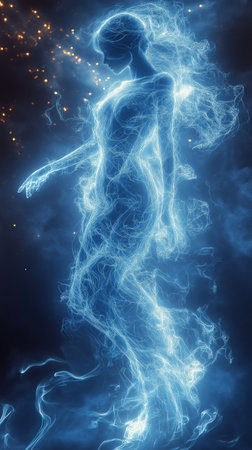 Abstract image of a beautiful female figure in the rays of light against a black backgroundの素材