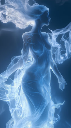Naked woman in blue smoke on a dark background. 3d renderingの素材