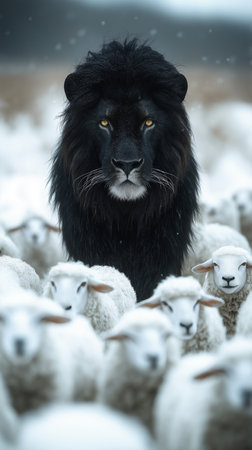 Lion and flock of sheep in the snow. Animal portrait.の素材