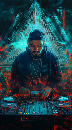 Dj mixes the track in the nightclub at night with a lot of smokeの素材