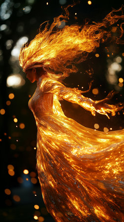 Beautiful girl dancing in a golden dress with fluttering hair.の素材