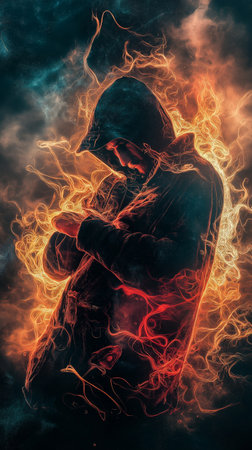 Man in a gas mask with a hood on his head in the smokeの素材