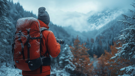 Hiker with backpack hiking in winter mountains. Travel and adventure concept.の素材
