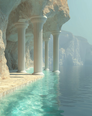 Greek columns in the sea. 3D render. Computer generated image.の素材