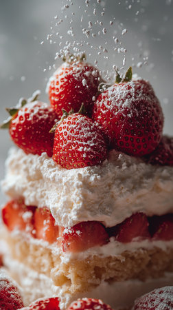 Strawberry cake with cream and sugar sprinkles, selective focusの素材