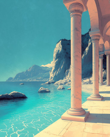 Beautiful seascape with azure sea and columns. Retro styleの素材