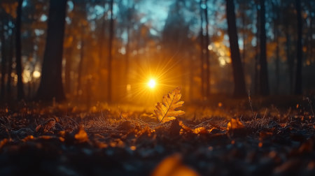 Autumn forest in the rays of the rising sun. Natural backgroundの素材