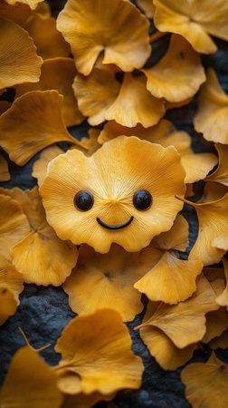 Ginkgo leaves with smiley face on black stone background.の素材