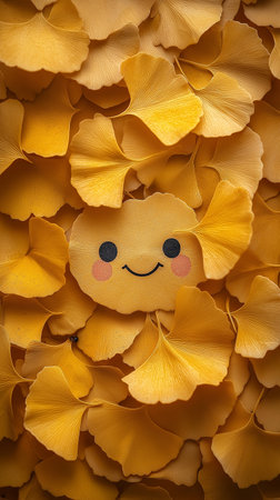 Yellow ginkgo leaves with smiley face. Halloween background.の素材