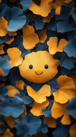 Yellow and blue ginkgo leaves with smiley face in gardenの素材