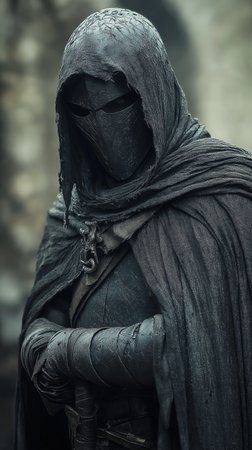 Knight in black armor with sword, closeup. Medieval concept.の素材