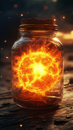 Burning planet in a glass jar on a wooden background. 3d renderingの素材