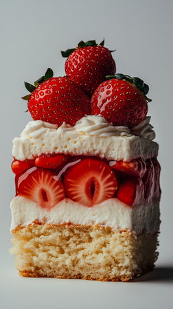 Strawberry cake with whipped cream and fresh strawberries on white backgroundの素材