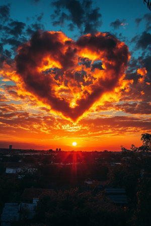 Heart shaped sunset over the city. Love and valentine concept.の素材