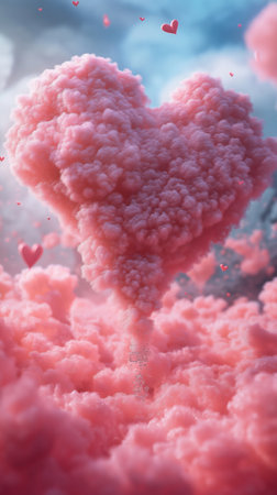 3D illustration of a heart shaped cloud in the sky with heartsの素材