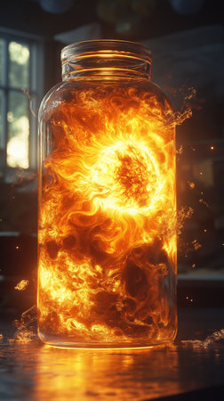 Burning fire in a glass jar on a dark background. Fire effect.の素材
