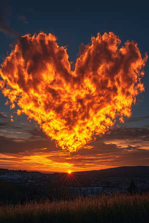 heart-shaped cloud against the background of the sunset in the mountainsの素材