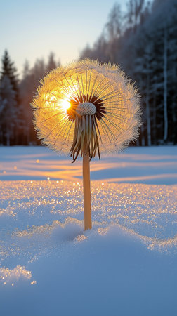 Dandelion in the snow at sunset. Beautiful nature background.の素材
