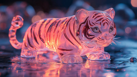 Close up of tiger figurine on ice with bokeh backgroundの素材