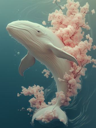 Whale with cherry blossoms in the water. 3D renderingの素材