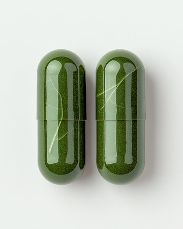 Capsule pill with green leaf on white background. 3d illustrationの素材