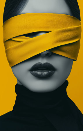 Portrait of a beautiful woman with yellow blindfold on her eyesの素材